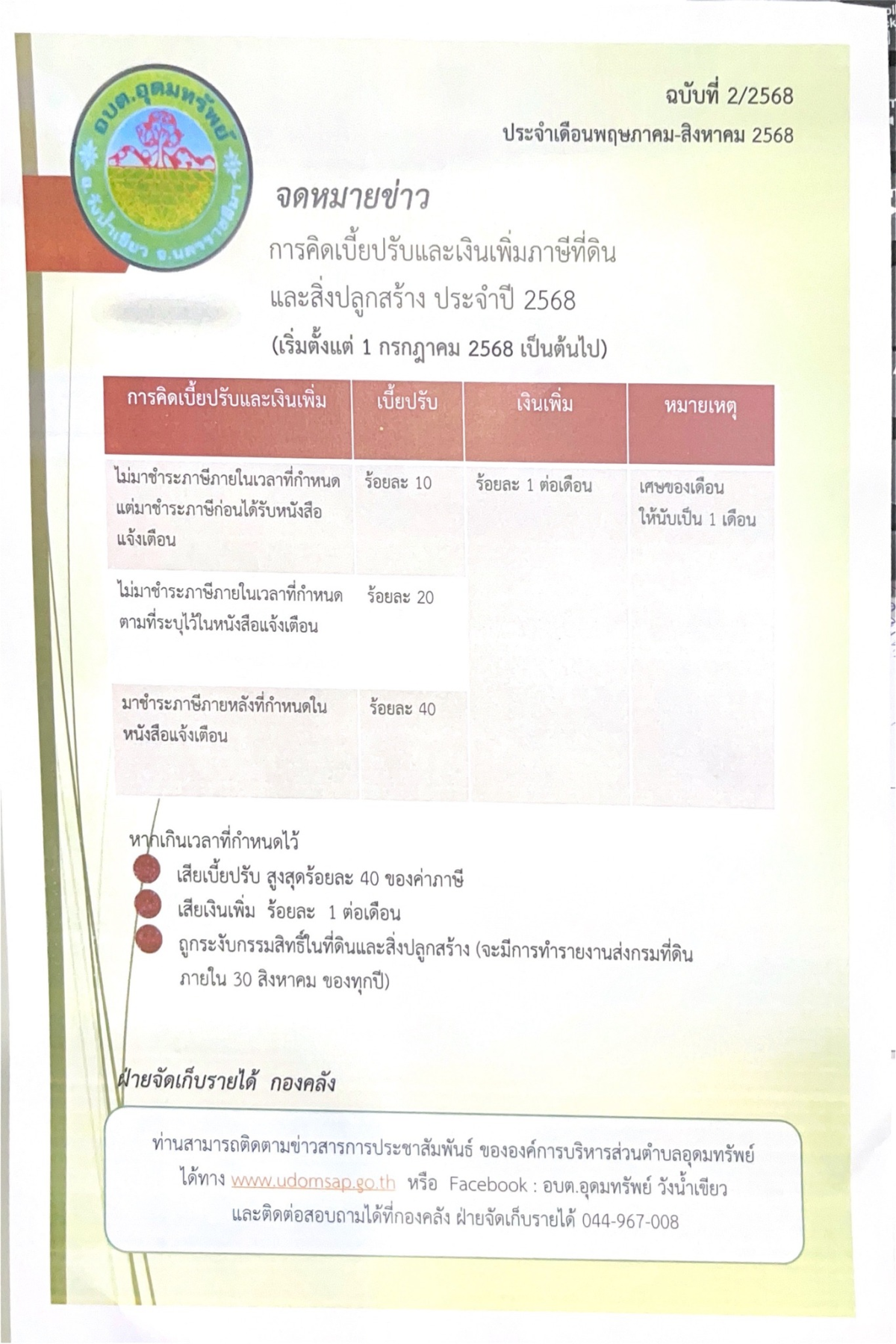 ประชาสัมพันธ์ การคิดดอกเบี้ยปรับและเงินเพิ่มภาษีที่ดินและสิ่งปลูกสร้าง ประจำปี 2568
