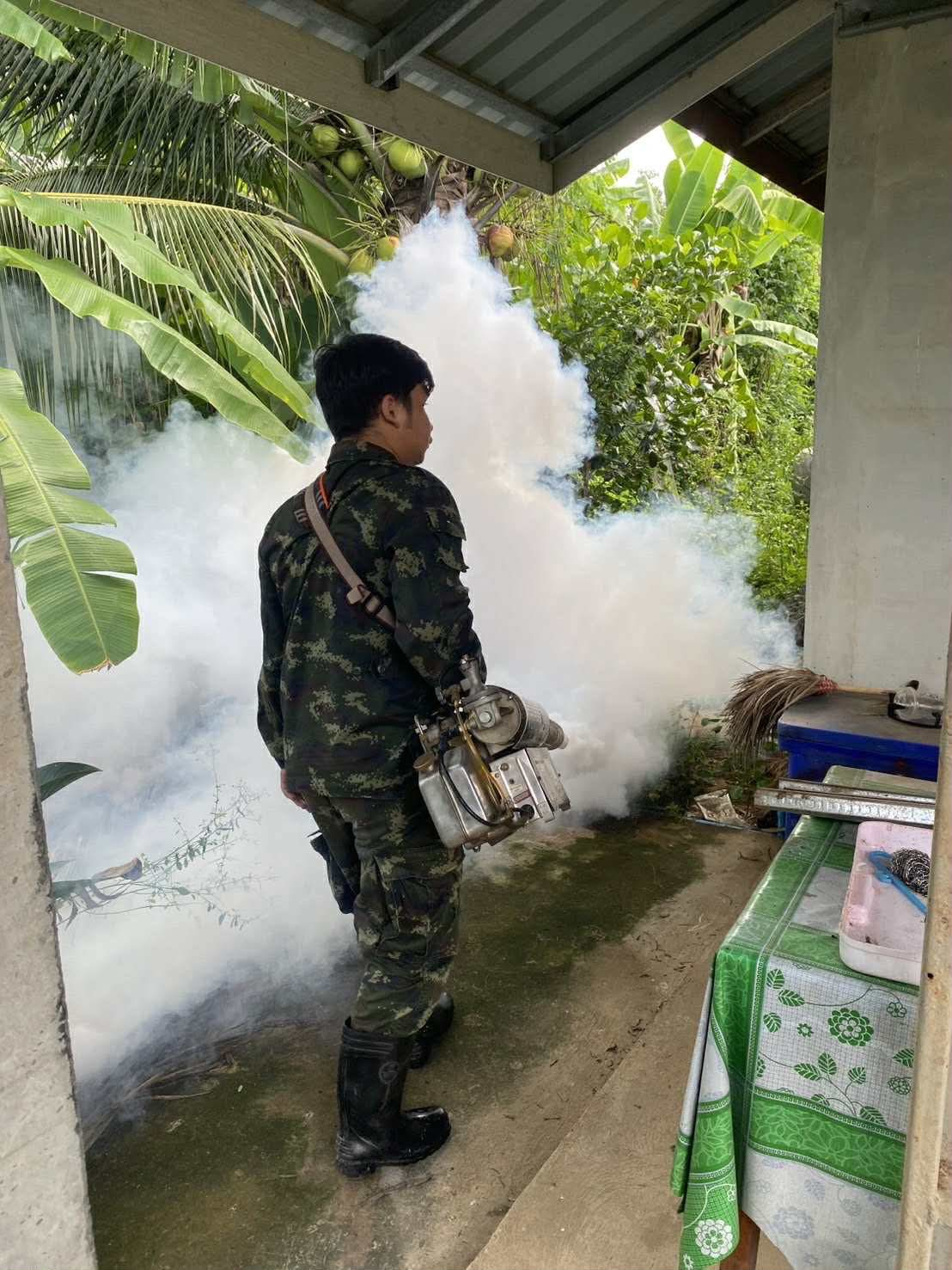 กิจกรรมฉีดพ่นหมอกควันกำจัดลูกน้ำยุงลาย  บริเวณภายในหมู่บ้านตะกุดรัง ม.4